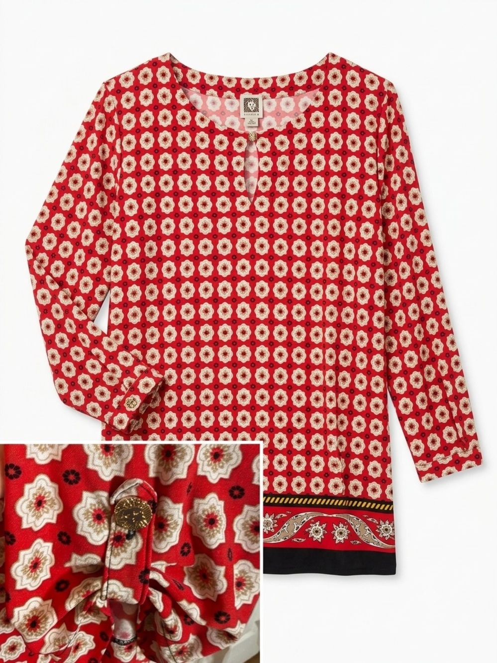 Anne Klein Red Floral Button-Accent Tunic